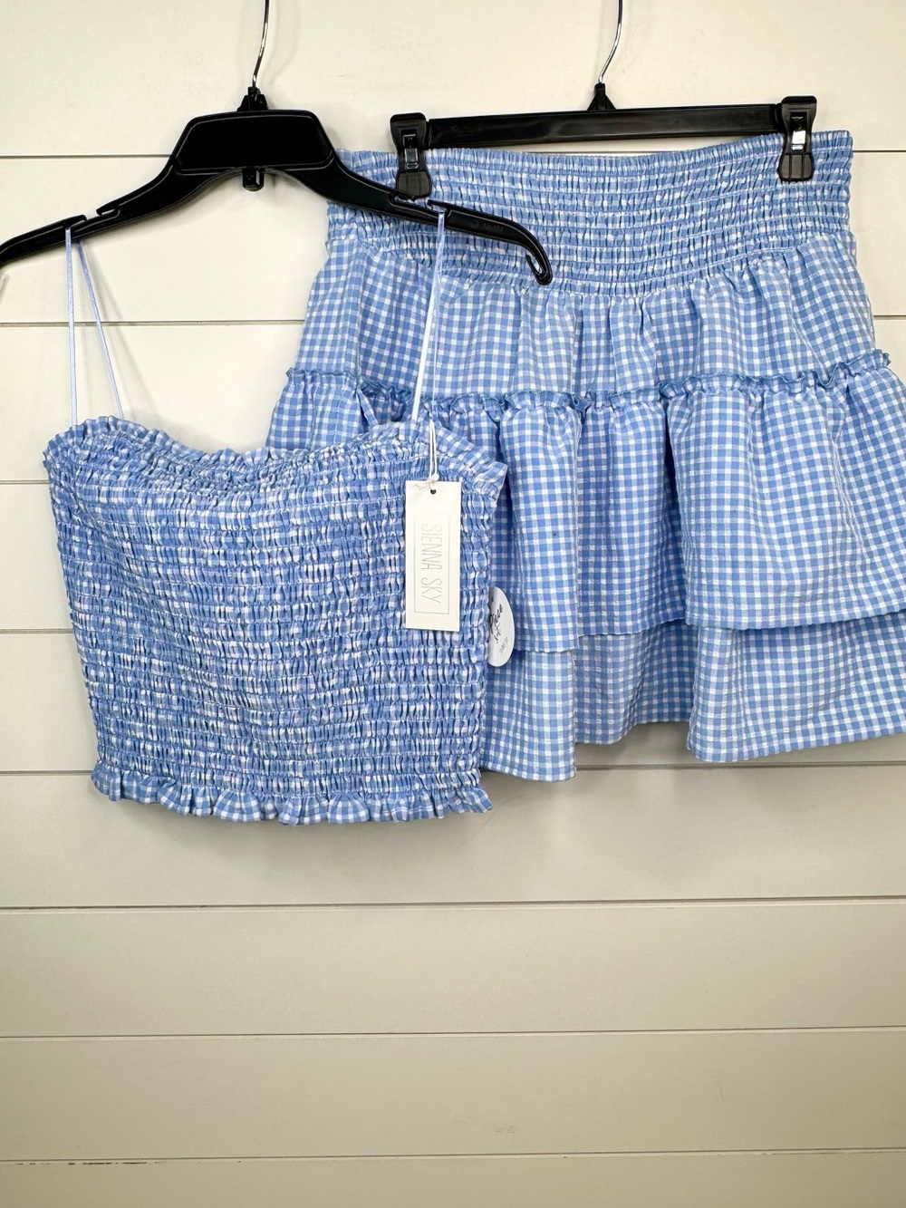 Sienna Sky 2-Piece Outfit Set Juniors Size L Blue Gingham Tube Top Skort Skirt